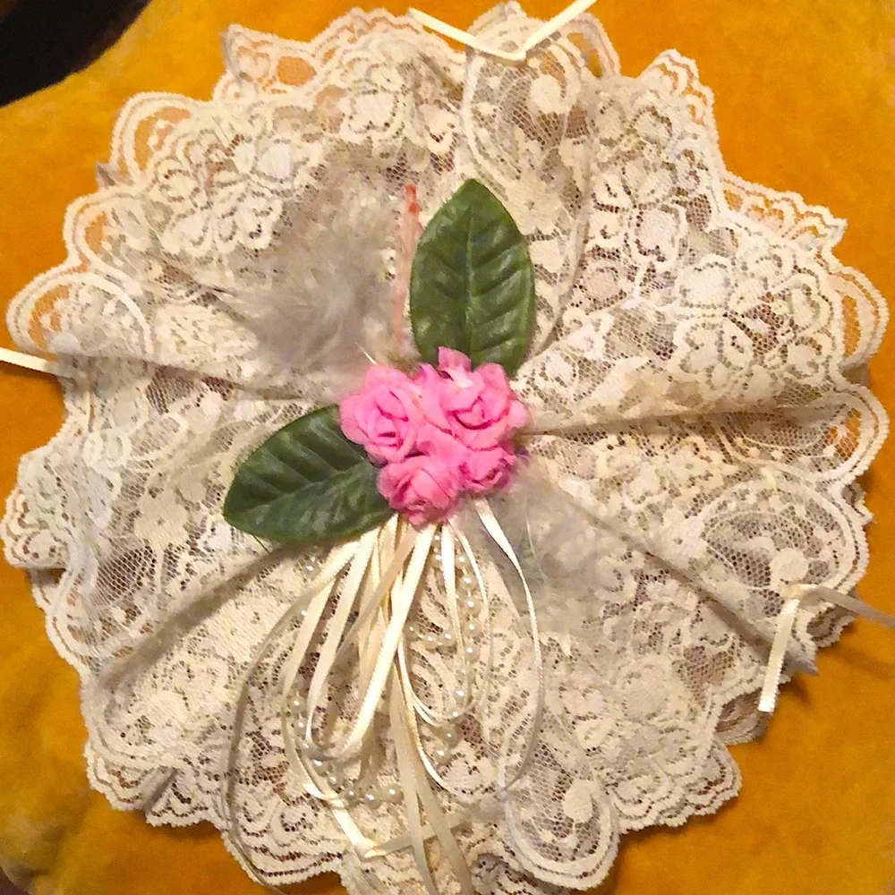 Mid-Century Antique Rose & Lace Hand Mirror